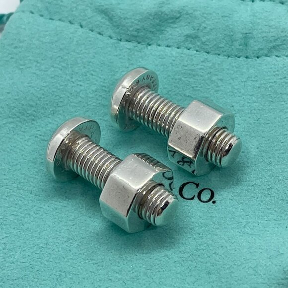 Tiffany & Co Silver Nut Bolt Cufflinks Cuff Link Links w/ Pouch - Picture 12 of 14
